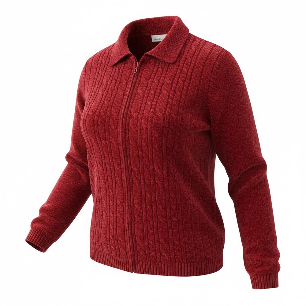 Alfred Dunner Women’s XL Chenille Cable Knit Zip Front Jacket Sweater Red Valent